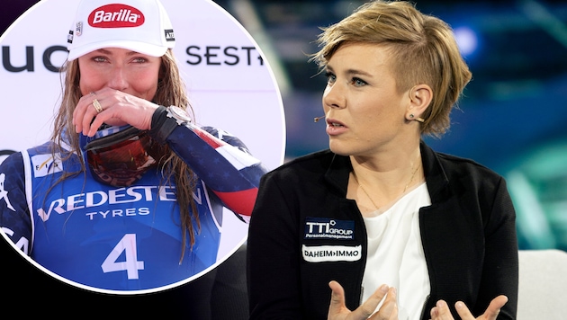 Nicole Schmidhofer (re.) äußert sich zu Mikaela Shiffrin. (Bild: Krone KREATIV/ServusTV / Johannes Jank, GEPA)