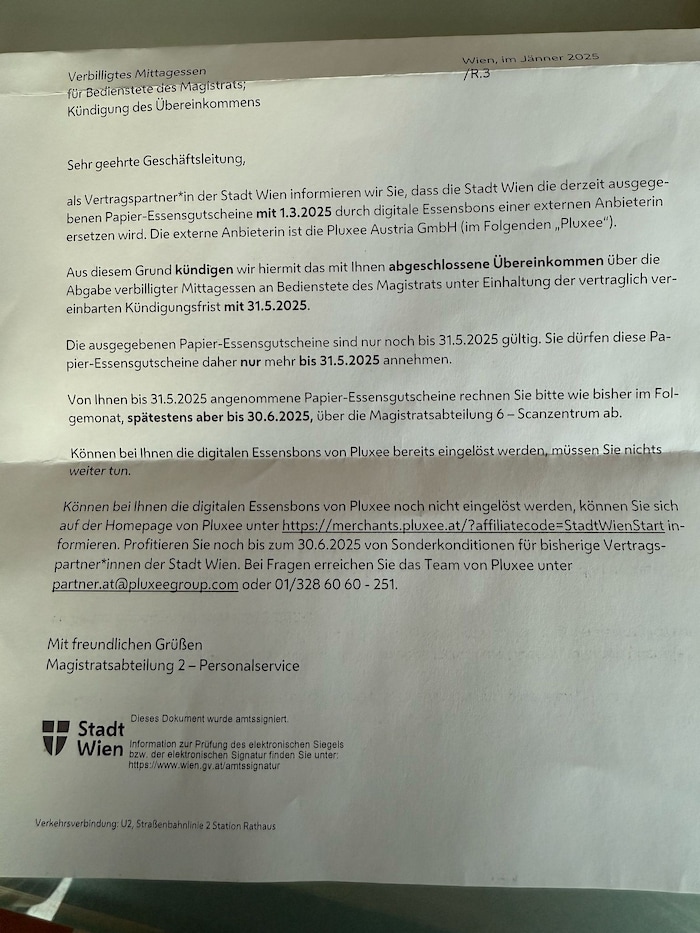 In einem Schreiben wurden die Vertragspartner der Stadt Wien darüber informiert, dass die ...