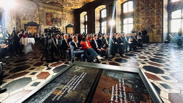 The analog-virtual exhibition Gateway to Democracy in front of the historic Coat of Arms Hall was opened on Monday. (Bild: Clara Milena Steiner)