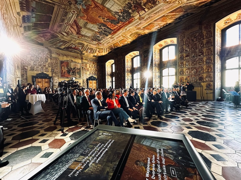 The analog-virtual exhibition Gateway to Democracy in front of the historic Coat of Arms Hall was opened on Monday. (Bild: Clara Milena Steiner)