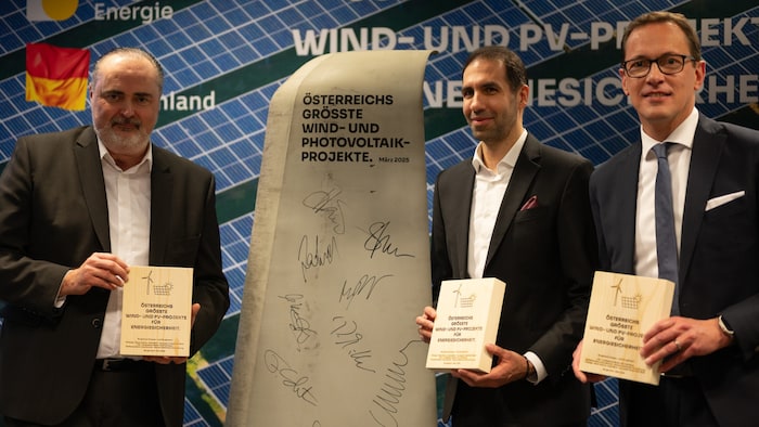 Startschuss mit Doskozil, Sharma und Burgenland Energie-CFO Reinhard Czerny.