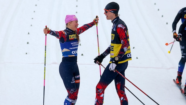 Carina Edlinger hat sich mit ihrem Guide Jakob Kainz Gold im Para-Skilanglauf der Damen geholt. (Bild: Tröster Andreas)