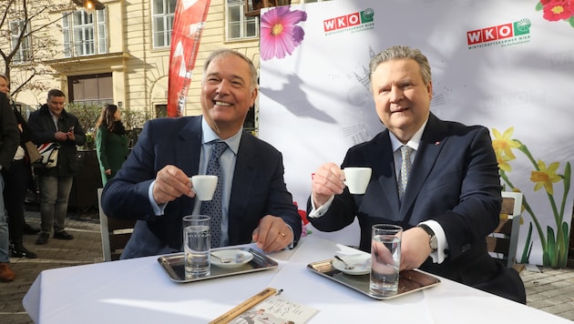 Auf eine Tasse Kaffee: Wirtschaftskammer Wien-Präsident Walter Ruck mit Stadtchef Michael Ludwig (SPÖ) im Schanigarten des Café Diglas im Schottenstift in der City. (Bild: Jöchl Martin)