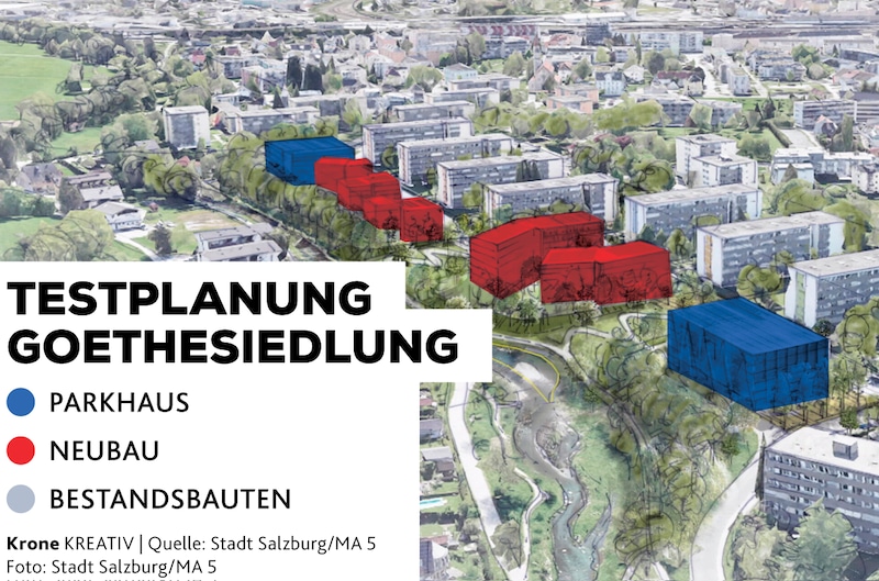 Erste Ideen der Stadtplanung sind erst ein Entwurf. Hier kann sich bis zum Baubeginn noch viel ändern. (Bild: Krone KREATIV/Stadt Salzburg/MA 5)