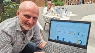 Bernhard Taurer von feratel mit Analyse-Grafiken. (Bild: Moser Andreas)