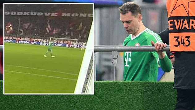 Manuel Neuer injured himself while celebrating. (Bild: Krone KREATIV/APA/AFP/Tobias SCHWARZ, Screenshot DAZN)