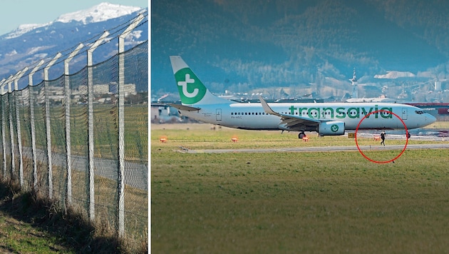 Halbnackt stürmte der Mann auf das Rollfeld – direkt auf eine Passagiermaschine zu. (Bild: privat, Christof Birbaumer, Krone KREATIV)