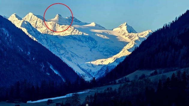 The woman's body was discovered on Monday about 150 meters below the summit of the Zuckerhütl (red circle). (Bild: Rudi Mair)