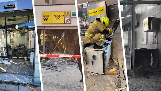 A trail of devastation: the ATM mafia is causing turmoil in the country. (Bild: Krone KREATIV/APA, zVg, FF Korneuburg-Stadt, Imre Antal)