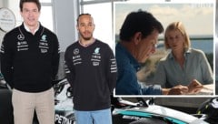 Toto Wolff lag Lewis Hamilton im Wort – das erklärte er seiner Frau Susie (ganz rechts) auf der Terrasse. (Bild: AP/AP, Twitter.com/blog_formula1)