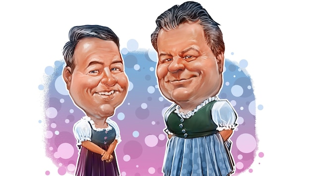 So stellt sich unser Karikaturist Milan A. Ilic hat Manfred Haimbuchner (li.) und Günter Steinkellner im Dirndl vor. (Bild: Milan A. Ilic)