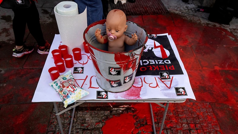 The protesters had set up their own bloody information stand in front of the facility. (Bild: AFP/Wojtek RADWANSKI)