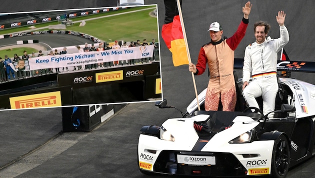 Mick Schumacher, Sebastian Vettel und Co. richteten eine emotionale Botschaft an Michael Schumacher. (Bild: Krone KREATIV/APA/AFP/Saeed KHAN, x.com/RaceOfChampions)