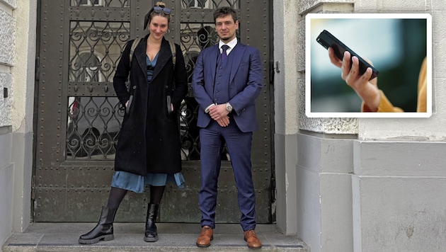 Fredi Ferkova and lawyer Philipp Springer at the Favoriten district court on Monday (Bild: Krone KREATIV/ Anja Richter www.peopleimages.com)