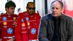 Gerhard Berger (re.) spricht über Ferrari und Lewis Hamilton (Bild: Krone KREATIV/APA/AFP/Giuseppe CACACE, GEPA Pictures)