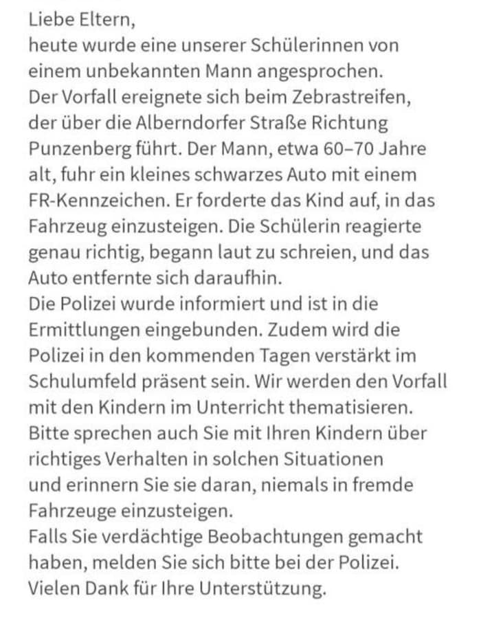 Diese Warnung an die Eltern wurde ausgeschickt