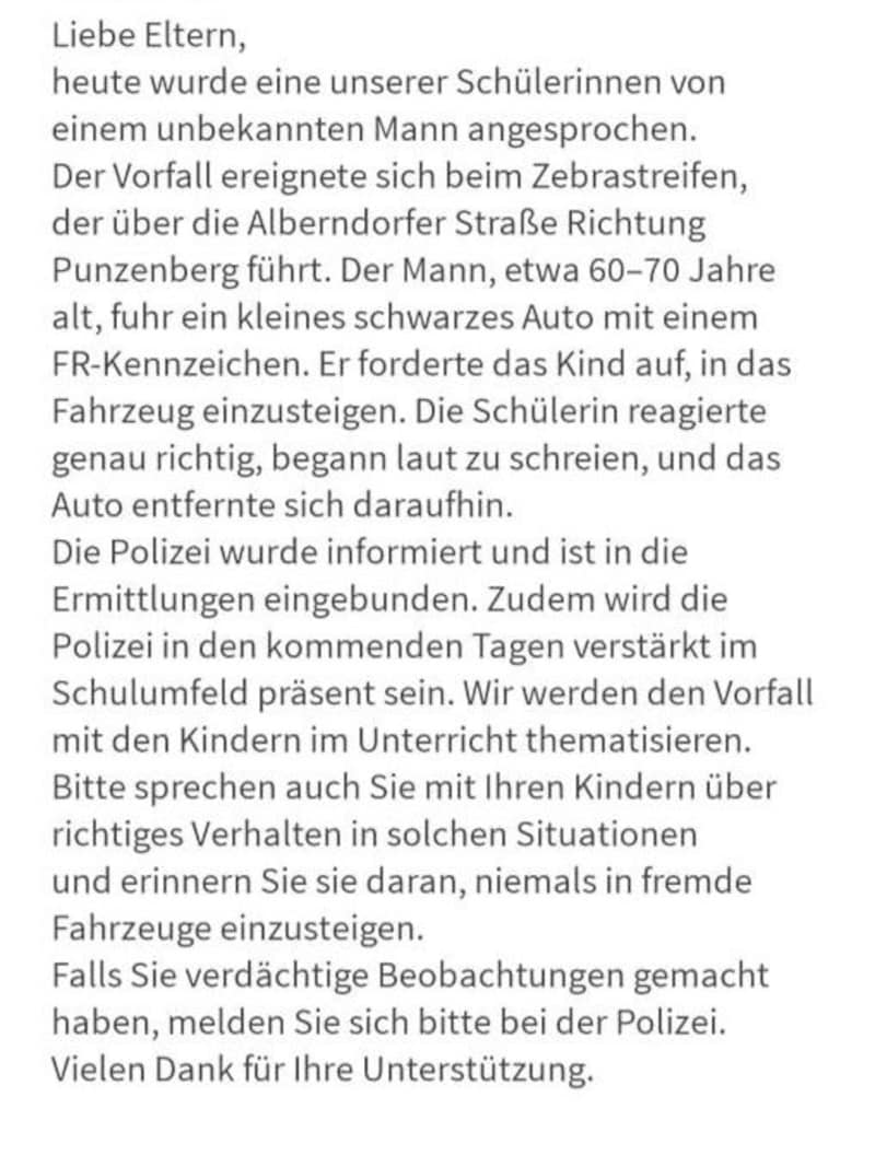 Diese Warnung an die Eltern wurde ausgeschickt (Bild: zVg)