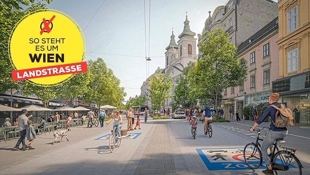 This is what the new Landstraßer Hauptstraße should look like. The preparatory work for this will begin in the fall of 2025. Two meeting zones are also planned. Cars will stay. (Bild: Krone KREATIV/ZOOMVP.at/Mobilitätsagentur Wien)