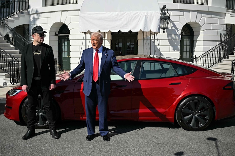 Auch eine PR-Aktion von US-Präsident Donald Trump, der erklärte, sich einen Tesla kaufen zu wollen, kann den Schaden am Image der Automarke nicht aufhalten. (Bild: AFP/MANDEL NGAN)