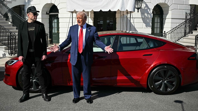 Bei Musks und Trumps Geplänkel mit Journalisten vor dem Weißen Haus durfte auch ein Tesla im Hintergrund nicht fehlen. (Bild: AFP/MANDEL NGAN)