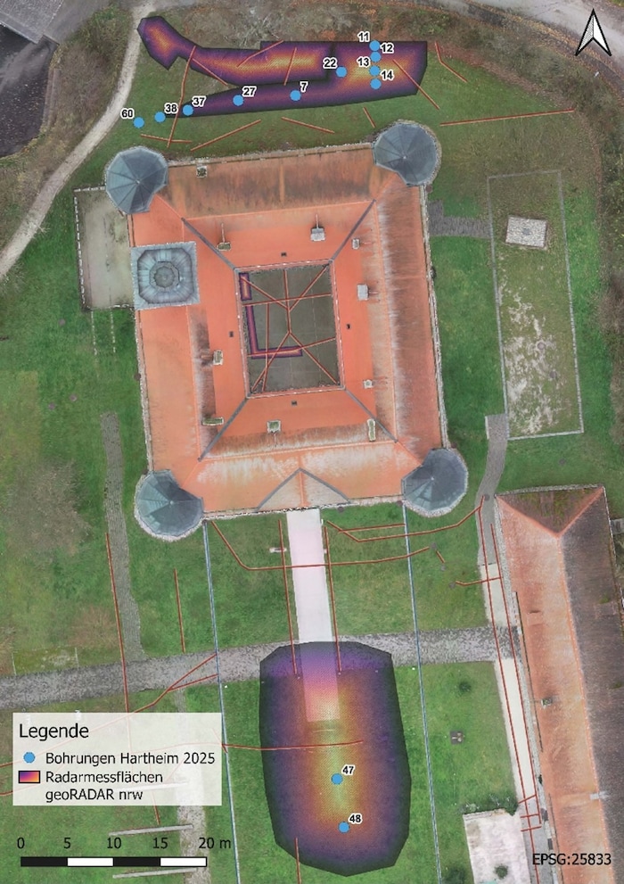 Der Plan der Bohrungen am Areal des Schloss Hartheim.