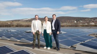 Hausherr Bairhuber mit den Umwelt-Landesräten Haider-Wallner und Kaineder (v. li.) am Dach von Energy3000 in Müllendorf. (Bild: Landesmedienservice/Siess)