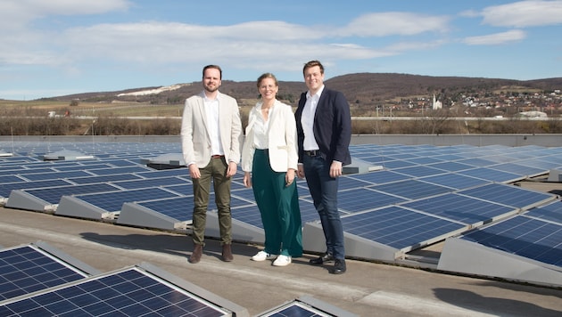 Hausherr Bairhuber mit den Umwelt-Landesräten Haider-Wallner und Kaineder (v. li.) am Dach von Energy3000 in Müllendorf. (Bild: Landesmedienservice/Siess)