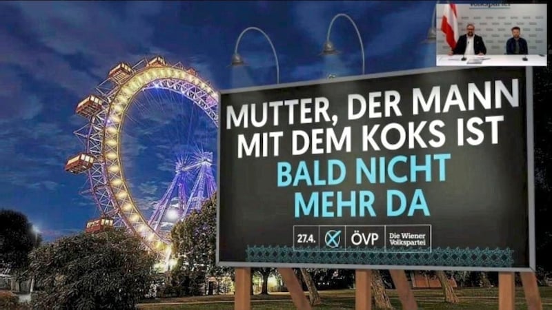 Noch während der Präsentation der Plakate wurden der „Krone“ die Sujets zugespielt: Karl Mahrer (ÖVP) nimmt es mit dem Drogenkartell auf. (Bild: ÖVP Wien)