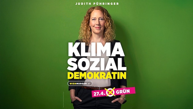 New party member of the SPÖ? Judith Pühringer has herself printed as a social democrat. But as we know, she is the leader of the Greens. Openly flirting with Michael Ludwig's party. (Bild: Krone KREATIV/Grüne Wien)