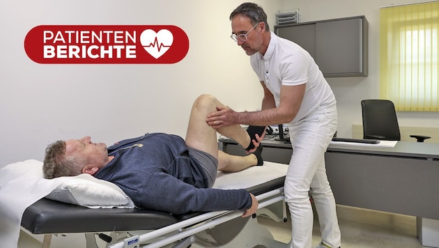 Orthopäde Dr. Auen-Scheiblhofer testet die Beweglichkeit des Knies seines Patienten Franz Steger. (Bild: Krone KREATIV/Roland Hölzl)