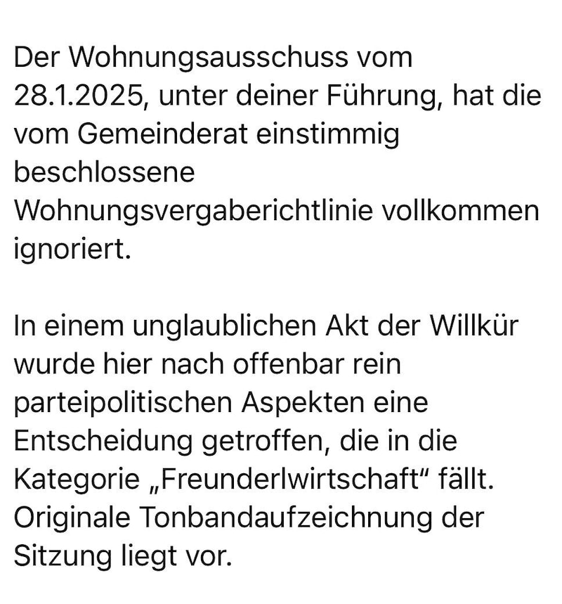 Von einem „Akt der Willkür“ schreibt Köfer in seiner Mail an den Vorsitzenden des Wohnungsausschusses. (Bild: zVg)