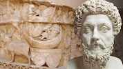 Eine Büste von Marc Aurel sowie ein Ausschnitt aus der Marc-Aurel-Säule in Rom
