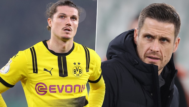 Steht Marcel Sabitzer (li.) beim BVB vor dem Aus? Sportdirektor Sebastian Kehl (re.) sprach Klartext. (Bild: APA/AFP/Ronny HARTMANN)