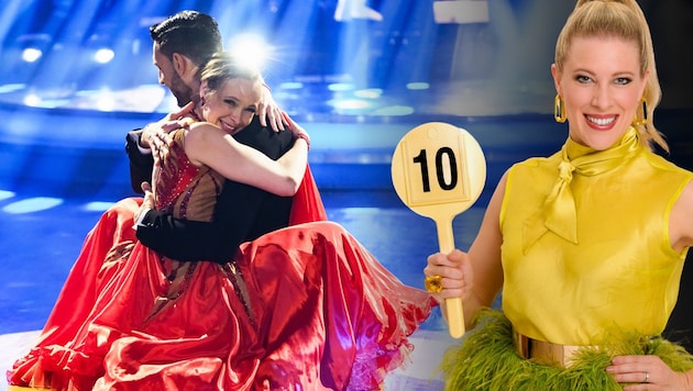 Missy May gewann mit Dimitar Stefanin 2023 die ORF-Show, bei der Maria Angelini-Santner (re.) auch weiterhin Fixpunkt in der Jury ist. (Bild: Krone KREATIV/ORF/First Look, ORF/Roman Zach-Kiesling)