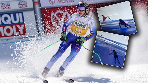 Federica Brignone collided badly with the gate. (Bild: GEPA)