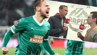 Louis Schaub (li.) und Co. jubeln über den Aufstieg. „Krone“-Reporter Rainer Bortenschlager analysiert Rapids Europacup-Krimi. (Bild: Krone KREATIV/GEPA, krone.tv)