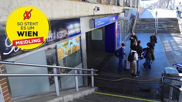 Der Meidlinger Bahnhof ist längst als Kriminalitätshotspot verschrien. Wie sehen die Parteien das und was ist ihre Lösung für mehr Aufenthaltsqualität? (Bild: Krone KREATIV/Peter Tomschi)