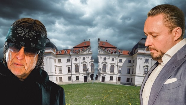 2021 kauften Gottfried Helnwein (li.) und Klemens Hallmann ein barockes Wasserschloss in Niederösterreich. (Bild: Krone KREATIV/Reinhard Holl, Markus Wenzel, Mario Urbantschitsch)