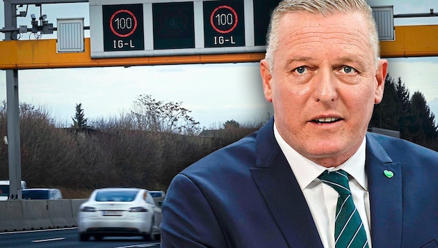 FPÖ-Landeshauptmann Mario Kunasek: IGL-100 auf den Autobahnen fällt (Bild: Krone KREATIV/Christian Jauschowetz)