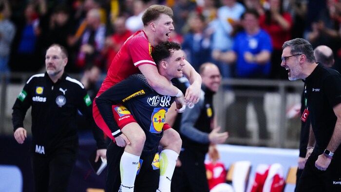 Keeper Consti Möstl shouldered Lukas Hutecek out of sheer joy.