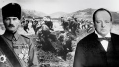 Der türkische General Mustafa Kemal und der britische Marineminister Winston Churchill (Bild: Krone KREATIV/APA picturedesk)