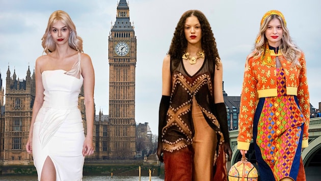 Katharina Jordan, Kassara Speiser und Cariolina Fiedler waren bei der Fashionweek in London auf dem Laufsteg. (Bild: Krone KREATIV/AFP/Niklas Halle‘n, Mihael Vuzem)