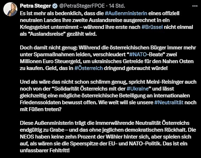 Auch die blaue EU-Abgeordnete Petra Steger kritisiert Beate Meinl-Reisnger scharf.