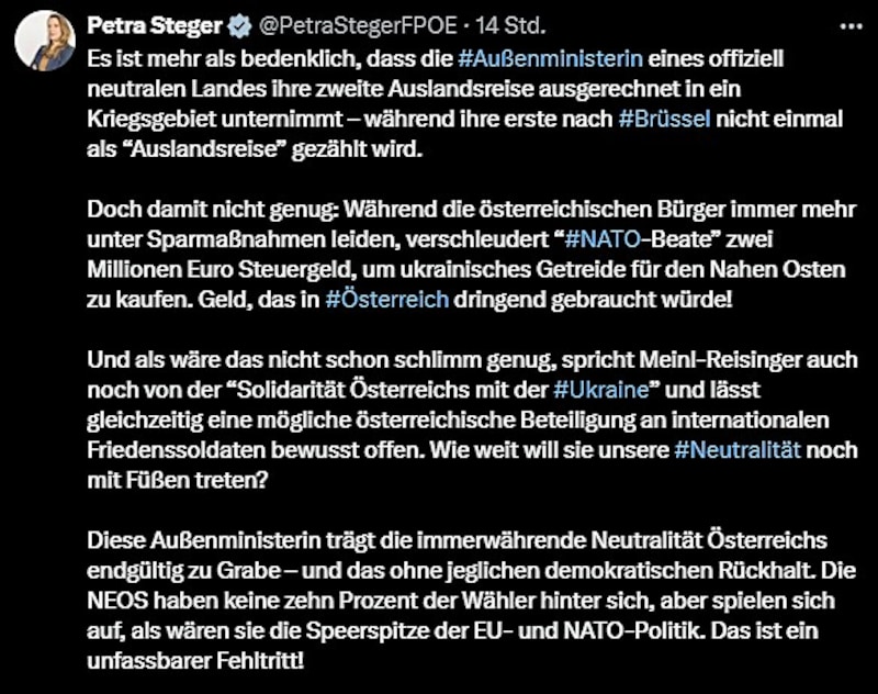 Auch die blaue EU-Abgeordnete Petra Steger kritisiert Beate Meinl-Reisnger scharf. (Bild: Screenshot/X.com)