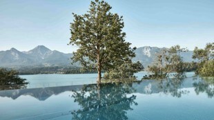 Infinty-Pool mit Blick auf den Faaker See und dahinterliegende Karawanken mit Mittagskogel