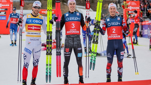 Jarl Magnus Riiber, Vinzenz Geiger, Johannes Lamparter (Bild: AP/Christoffer Andersen)