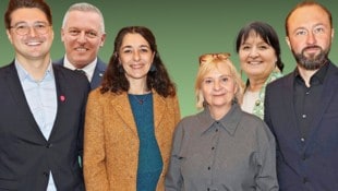 Die steirischen Parteichefs Niko Swatek (NEOS), Mario Kunasek (FPÖ), Sandra Krautwaschl (Grüne), Claudia Klimt-Weithaler (KPÖ), Manuela Khom (ÖVP) und Max Lercher (SPÖ).  (Bild: Krone KREATIV/Christian Jauschowetz)