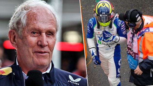 Für Helmut Marko war die Tränen-Show von Rookie Isack Hadjar „ein bisschen peinlich“. (Bild: Krone KREATIV/GEPA pictures, ASSOCIATED PRESS)