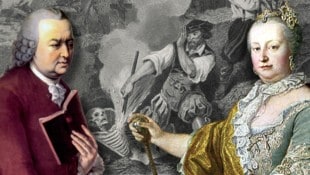 Wissenschaftler Gerard van Swieten und Landesmutter Maria Theresia im gemeinsamen Kampf gegen den ausufernden Vampir-Wahn in Österreich. (Bild: Krone KREATIV/APA picturedesk)