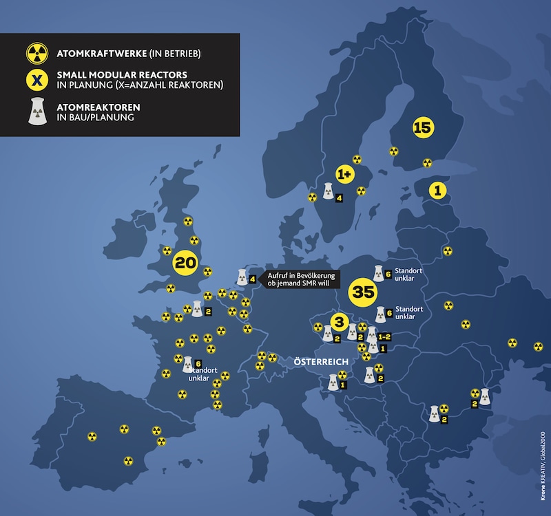 Atomkraftwerke in Europa (Bild: Krone KREATIV)